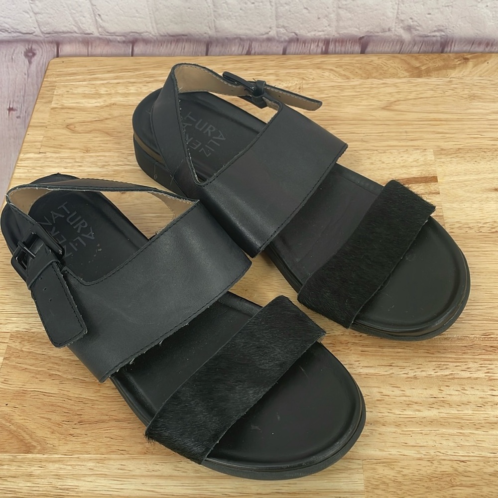 Naturalizer Emory Buckle Flat Sandals Brushed Cow Hair Real Fur Black 6.5